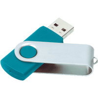 A teal and silver USB flash drive with an 8GB capacity, featuring a rotating cover and a branding logo.