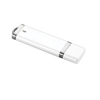 A white USB flash drive with a sleek design and metallic accents. It features a branding logo.