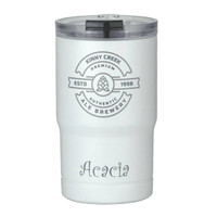 A white drink tumbler featuring a grey logo and lid, with "Acacia" printed in a stylish font.