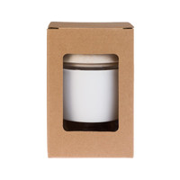 A reusable coffee cup with a silicone band, presented in a cardboard packaging with a viewing window.