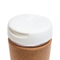 A reusable coffee cup featuring a white lid and a natural cork band.