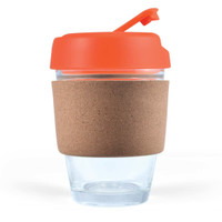 A reusable coffee cup featuring a clear body, an orange lid, and a cork band for insulation.