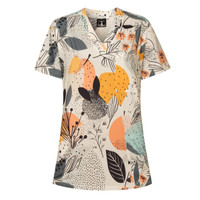 A patterned Hawaiian shirt featuring various leaf and floral designs in pastel colours, with a logo on the label.