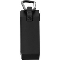 A black outdoor waterproof Bluetooth speaker featuring a carabiner for easy attachment and a sleek, compact design.