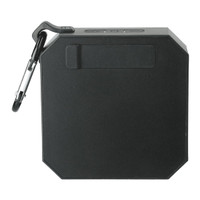 A black octagonal waterproof Bluetooth speaker with a carabiner clip attached.