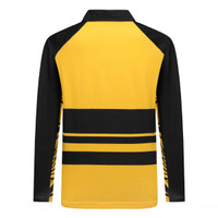 A yellow and black Hawaiian shirt featuring a striped design with a collar and long sleeves. It has a logo on it.