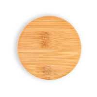 A round bamboo lid designed for a drinkware container, featuring a smooth surface and a minimalist style.