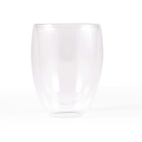 A double wall glass cup with a sleek, clear design, featuring a capacity of 350ml, ideal for beverages.