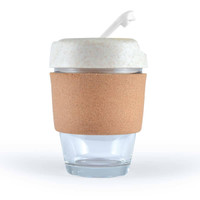 A reusable coffee cup featuring a transparent glass base and a white lid with a straw, encircled by a natural cork band.
