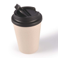 A drink cup with a beige body and a black comfort lid, designed for reusable beverage use.