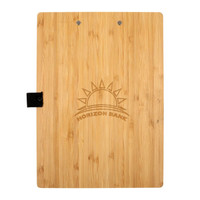 A bamboo A4 clipboard with a smooth surface, featuring a black clip and an embossed logo.
