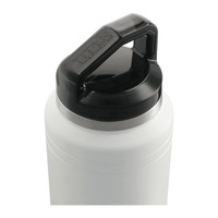 A drink bottle in white with a black lid, featuring a handle and a metallic band near the top.