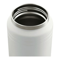 A drink bottle featuring a sleek white design with a stainless steel rim at the opening and an interior for beverages.