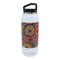 A drink bottle with a decorative Aboriginal inspired design in colours of red, orange, and black, featuring a handle and logo.