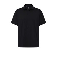 A men’s black polo shirt with a collar and short sleeves, featuring a logo on the chest.