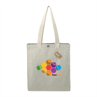 A light grey tote bag made from recycled cotton, featuring a colourful hexagonal design and a tag.