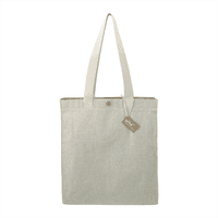 A cream box tote bag made from recycled cotton, featuring two handles and a snap closure.