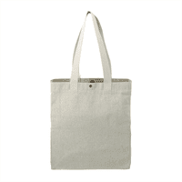 A recycled cotton tote bag in light grey, featuring a snap closure and two sturdy handles. It has a branding logo.
