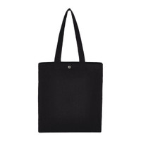 A black recycled cotton tote bag with two handles and a snap closure, featuring a logo.