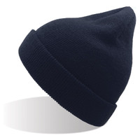 A navy blue beanie made from recycled polyester, featuring a cuffed design and a rounded top.