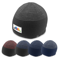A collection of beanies in various colours, featuring a logo on one side, with a textured knit design.