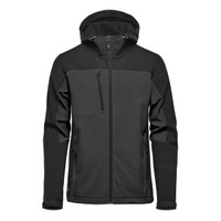 A softshell jacket featuring a hood, with a dominant dark green and black colour scheme. Includes a logo.