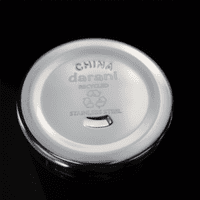 A drink bottle lid made of polished stainless steel, featuring a logo and recycling symbol.