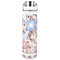 A drink bottle featuring a decorative pattern in white, blue, and earthy tones, with a stainless steel lid and base.
