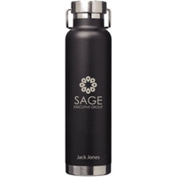 A drink bottle featuring a sleek black design with a stainless steel base and a logo. Holds 650ml.