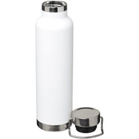 A drink bottle with a sleek white finish and stainless steel accents, featuring a removable cap.