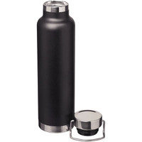 A drink bottle in matte black with a stainless steel cap and an attached handle. Features a logo on the side.