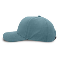 Blue baseball cap side view on white background.