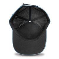 Inside view of black baseball cap with mesh lining showing construction and stitching.