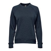 A women's crew neck fleece jumper in navy blue with long sleeves and a snug fit. Features a logo on the front.