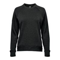A dark green women's fleece crew neck jumper with a relaxed fit and long sleeves. It has a logo.