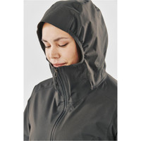 A close-up of a women's rain jacket in dark grey, featuring a hood and a zipped front. The jacket has a logo.