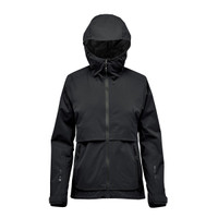 A women's black technical rain jacket with a hood, featuring zippered front and side pockets and a logo.