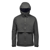A men's technical rain jacket in dark grey, featuring a hood and a zip front, with a logo detail.