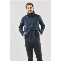 Men's technical rain jacket in navy blue, featuring a hood, front pockets, and a zip closure. Logo is visible.
