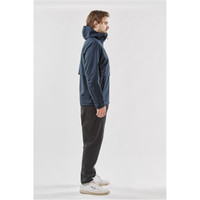 A men's technical shell jacket in navy blue, featuring a hood and a logo, displayed from a side view.