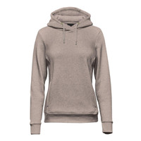 A women's hooded pullover in a light grey colour, featuring a simple design and a logo.