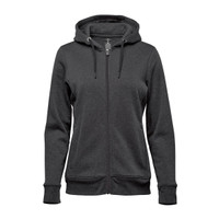 A women's full zip hoody in dark grey with a hood and front pockets, featuring a logo on the design.