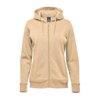 A women's full zip hoodie in a light beige colour, featuring a hood and ribbed cuffs. It has a logo.