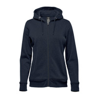 A navy blue women's fleece full zip hoodie featuring a hood and front pockets, with a branding logo.