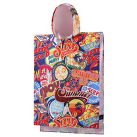 A colourful poncho towel featuring a vibrant summer print, complete with a hood. It has a branded logo.