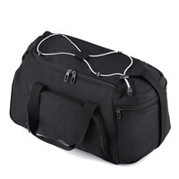 A black travel duffel bag with multiple zippered compartments and sturdy handles, featuring a logo.