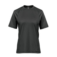 A women's short-sleeve t-shirt in dark green, featuring a logo on the front.