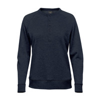 A navy blue women's henley shirt featuring a buttoned neckline and long sleeves. It has a small logo on the side.