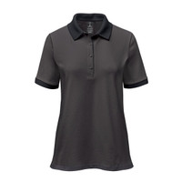 A women's polo shirt in dark grey with a contrasting black collar and sleeve cuffs. It features a logo.