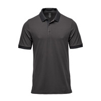 A men's polo shirt in dark grey with a contrasting black collar and sleeve hems. It features a small logo.